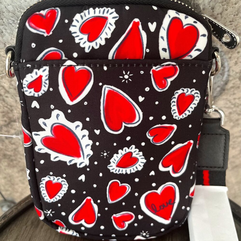 NWT Brighton Black Crossbody Phone Bag with Red and White Heart Print
